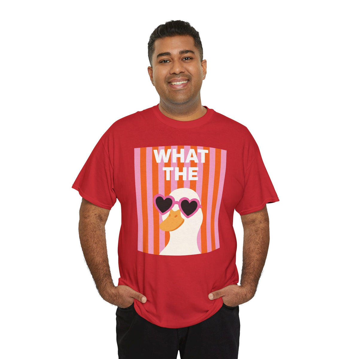 Red cotton graphic tee front view with duck face, heart sunglasses, and “WHAT THE” print