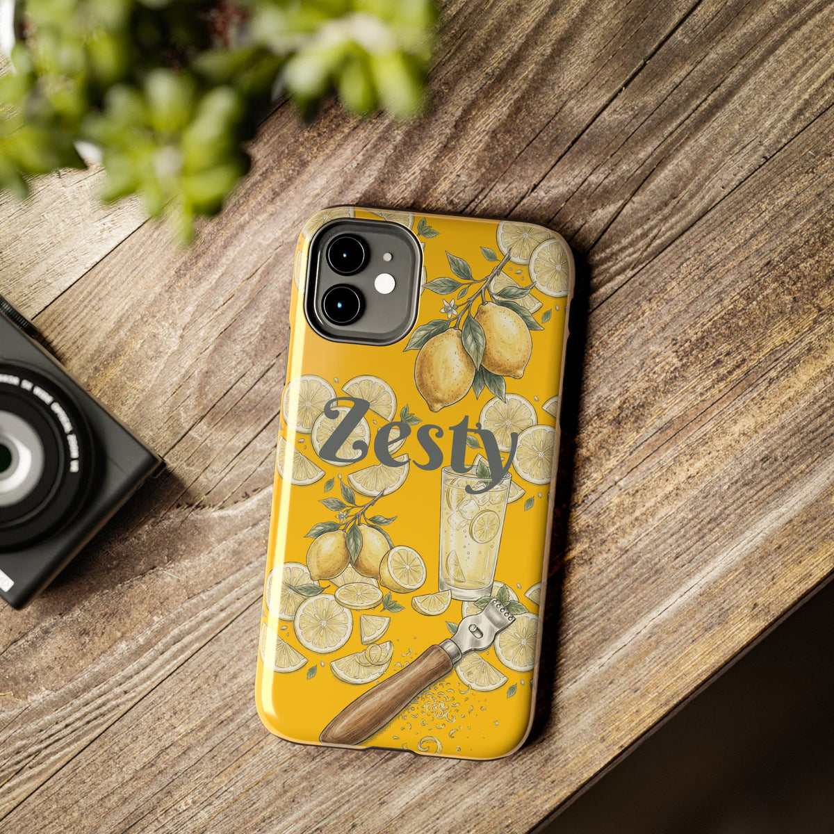 Yellow tough phone case with zesty citrus illustration and glass drink graphic