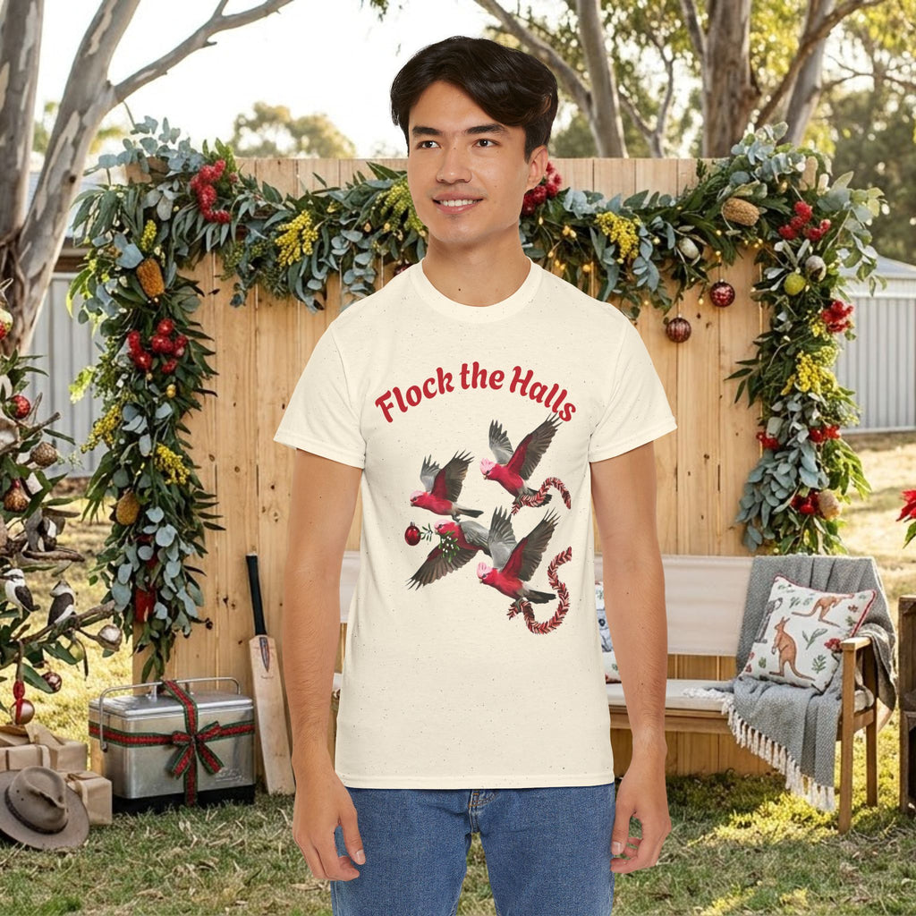 Natural/off-white crew-neck T-shirt with cardinal bird graphic and “Flock the Halls” text
