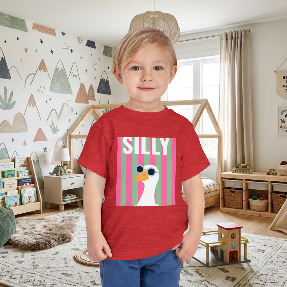 Toddler red graphic tee with “SILLY” sunglasses duck front print