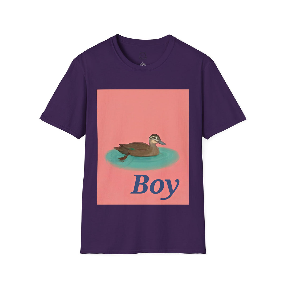 Purple crew-neck t-shirt with square duck-on-water graphic and 'Boy' text.
