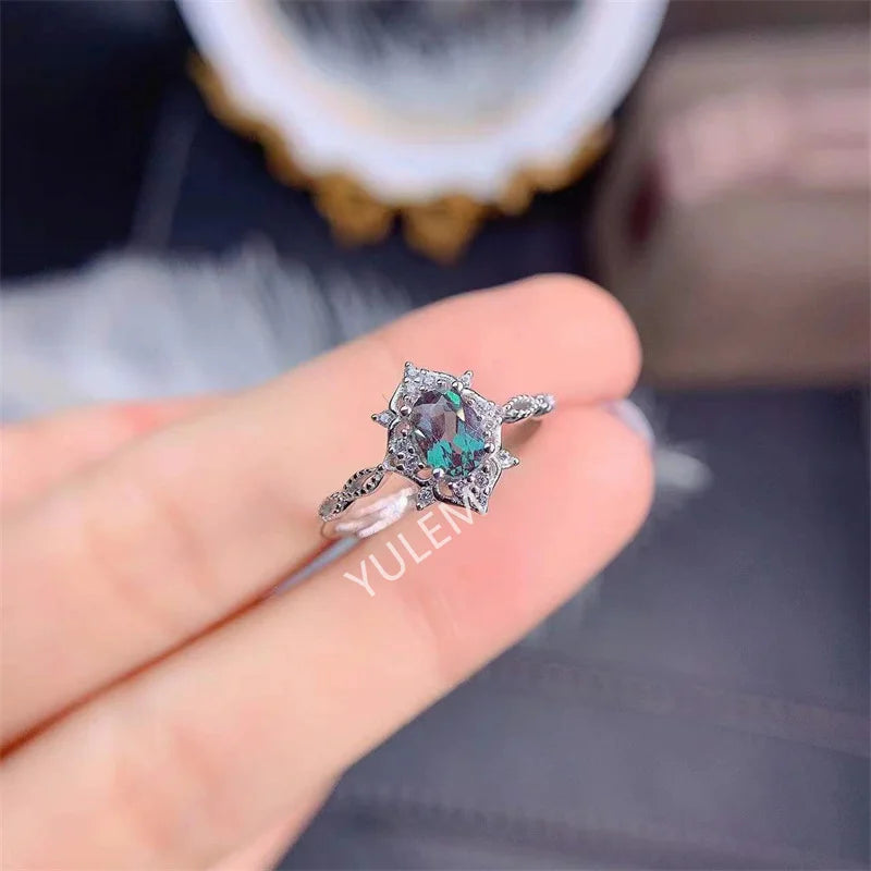 Oval lab-grown alexandrite solitaire ring in sterling silver by Kat&Co.