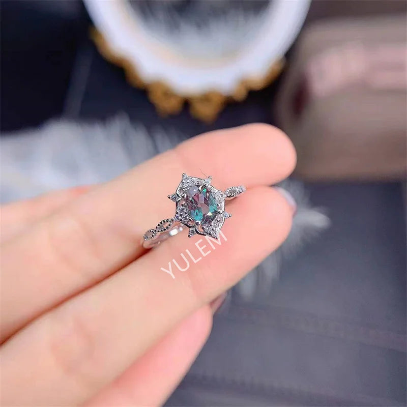Oval lab-grown alexandrite solitaire ring in sterling silver by Kat&Co.