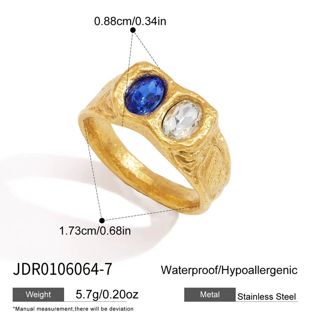 Gold chunky ring with blue crystal by Kat&Co.