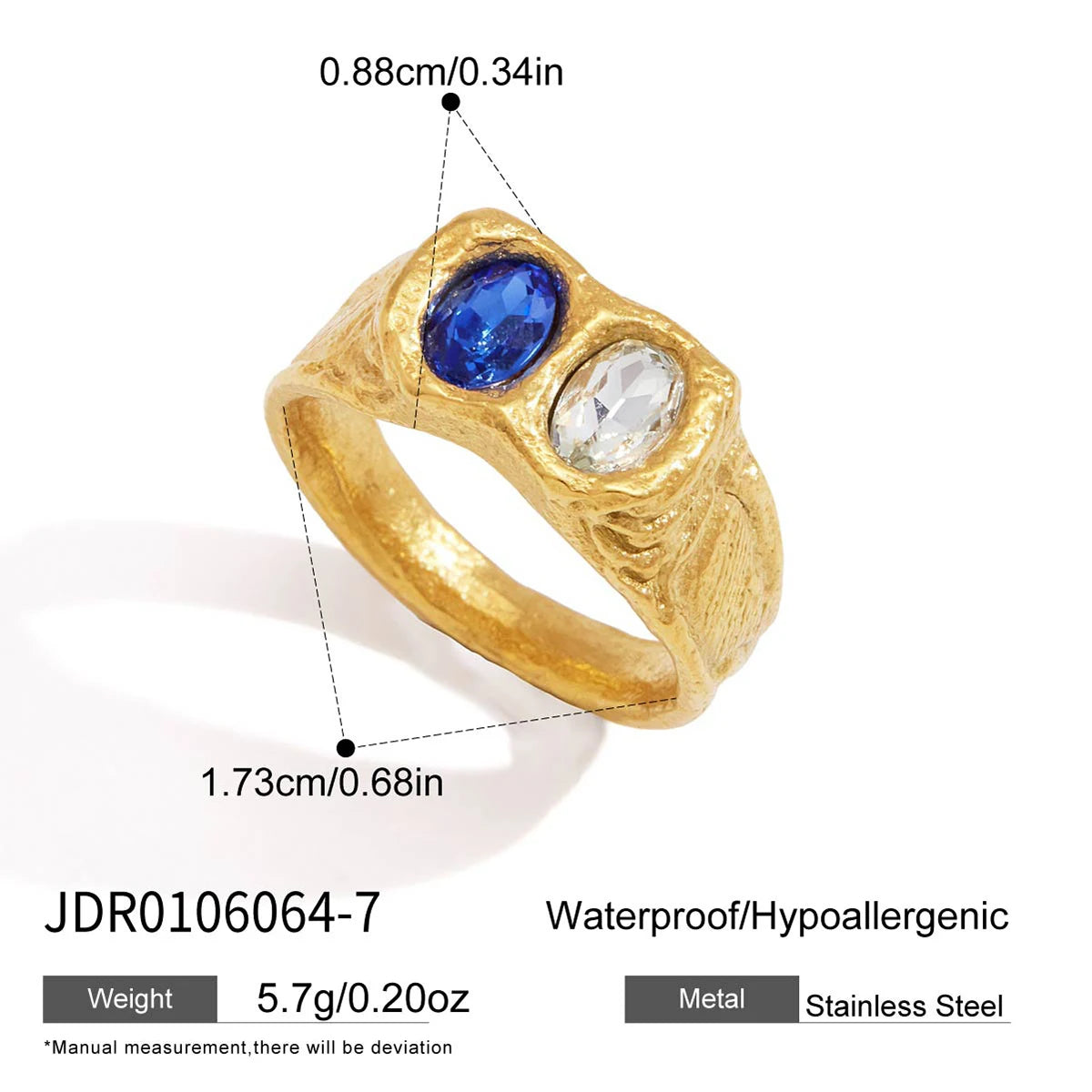 Gold chunky ring with blue crystal by Kat&Co.