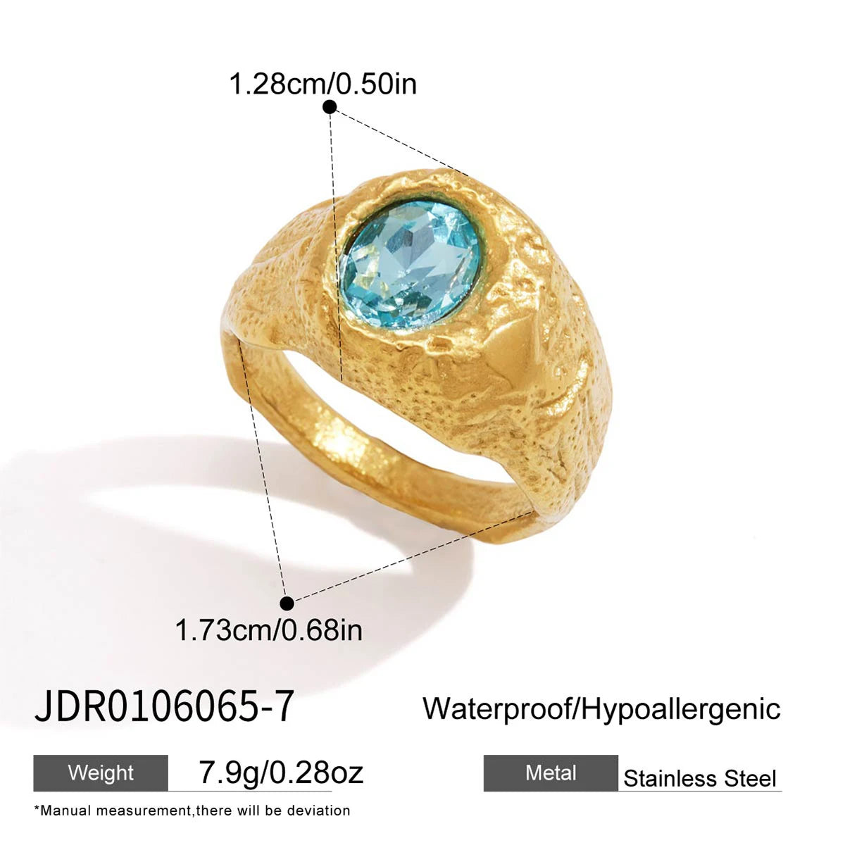 Gold chunky ring with blue crystal by Kat&Co.