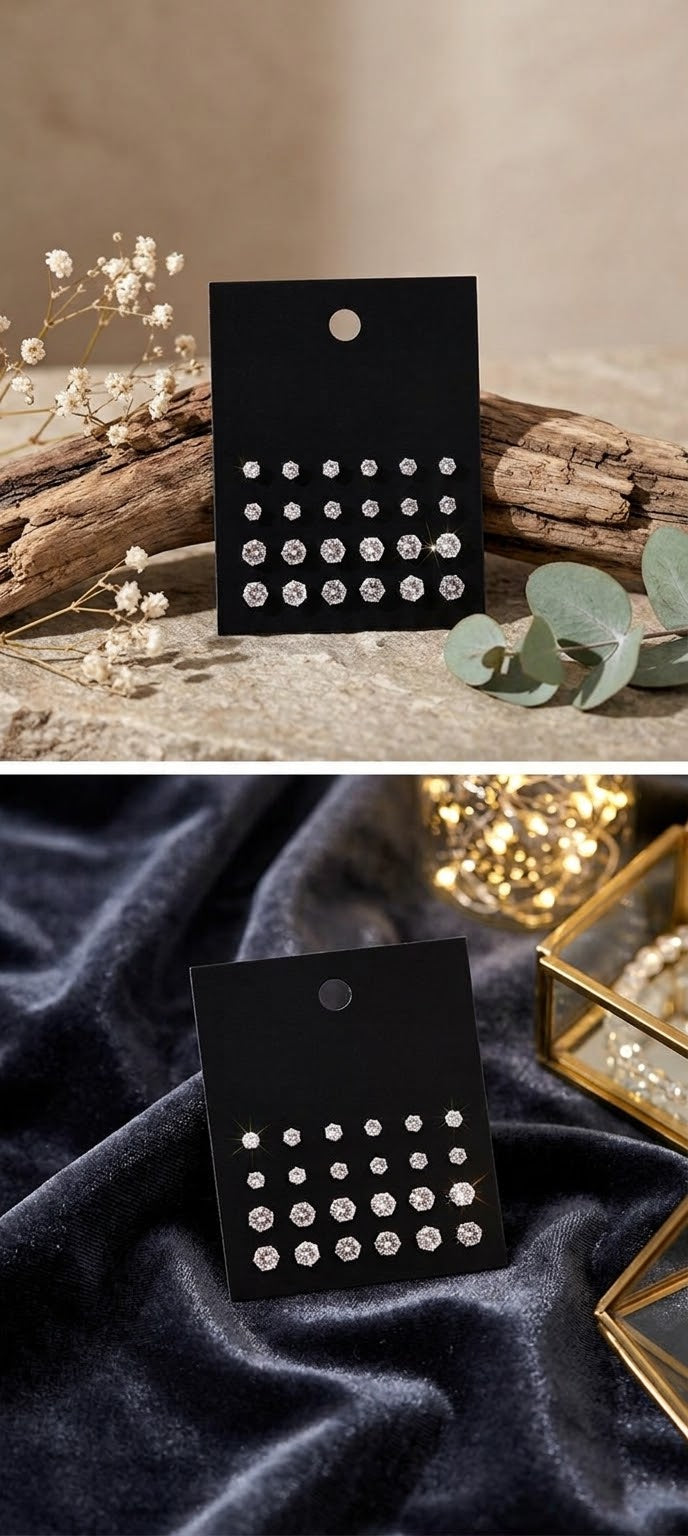 Silver-tone cubic zirconia stud earring set with multiple round stones in rows on display card