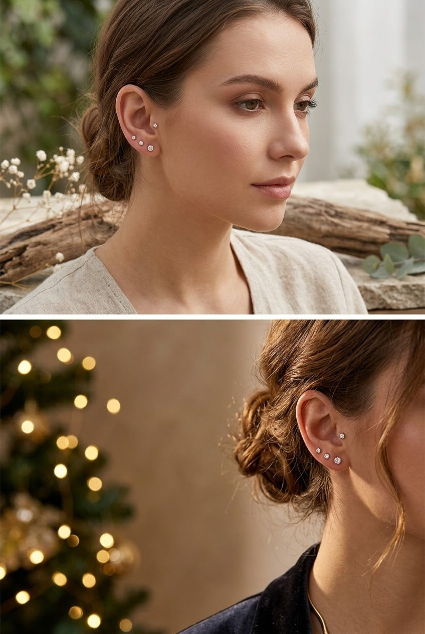Small round cubic zirconia stud earrings on ear, multiple sparkly stones in a cluster